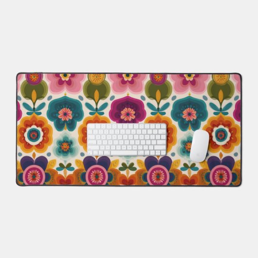 Lebhafte Folk Art Blume 70er Retro Blumenmuster Schreibtischunterlage (Tastatur & Maus)