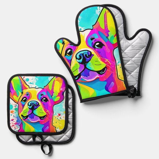 Lebhafte Frenchie Bulldog Puppy Art Ofenhandschuh & Topflappen-Set (Vorderseite/Rückseite)