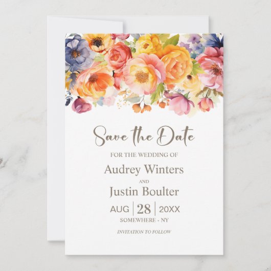 Lebhafte Frühlingsblütenhochzeit retten das Datum Einladung (Vorderseite)