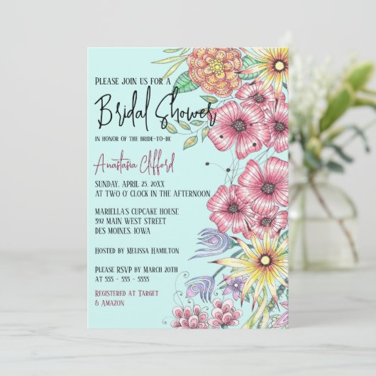 Lebhafte Frühlingserlebnisse auf Aquamarinem Braut Einladung (Stehend Vorderseite)