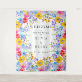 Lebhafte Frühlingswasserfarben-Blume Begrüßung Wandteppich