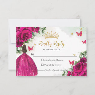 Lebhafte Fuchsia Pink BlumenPrinzessin Quinceañera RSVP Karte