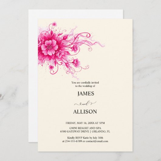 Lebhafte Fuchsia Wasserfarbenflora Hochzeit Einladung (Vorne/Hinten)