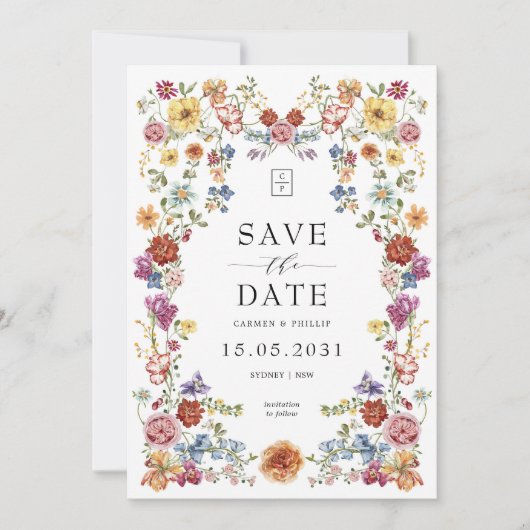 Lebhafte Gartenblüte Wildblume Monogramm Save The Date (Vorderseite)