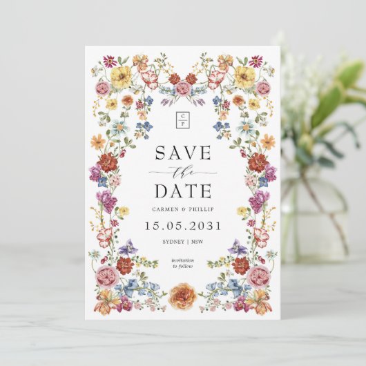 Lebhafte Gartenblüte Wildblume Monogramm Save The Date (Stehend Vorderseite)