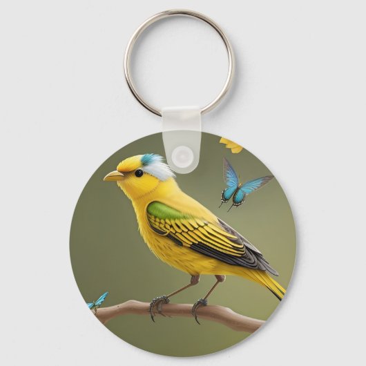 Lebhafte Gelbvögel-Perched-Amid-Schmetterlinge Schlüsselanhänger (Vorderseite)