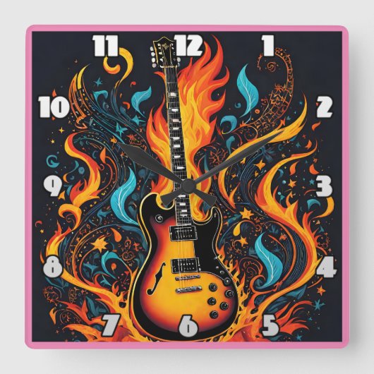 Lebhafte Gitarre in Flammen und Wirbel verstrickt Quadratische Wanduhr (Vorderseite)
