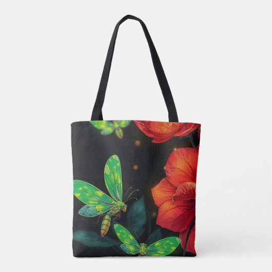 Lebhafte grüne Glühfliegen und glühende rote Blume Tasche (Rückseite)