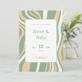 Lebhafte grüne und cremefarbene Linien Hochzeit Einladung (Stehend Vorderseite)