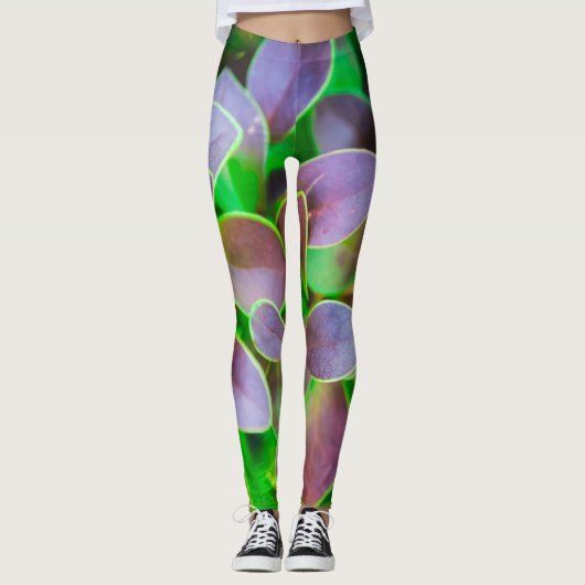 Lebhafte grüne und lila Blätter Leggings (Vorderseite)