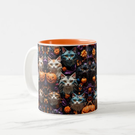 Lebhafte Halloween Cat Patterns farbenfrohe Spooky Zweifarbige Tasse (Vorderseite Links)