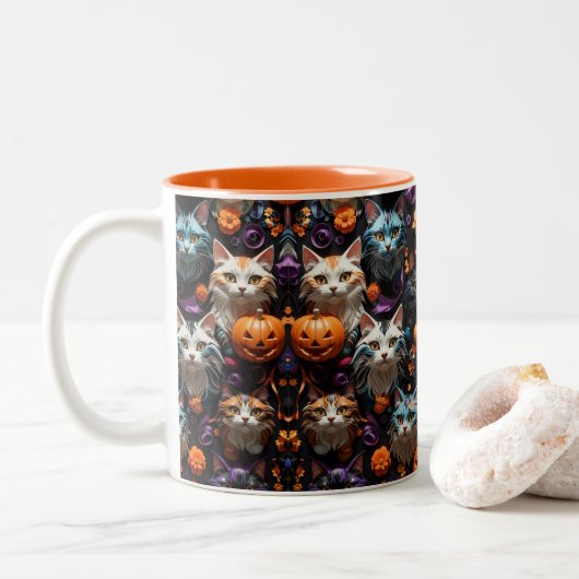 Lebhafte Halloween Cat Patterns farbenfrohe Spooky Zweifarbige Tasse (Mit Donut)
