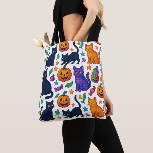 Lebhafte Halloween Cat & Pumpkin Pattern Tote Bag Tasche (Von Nahem)