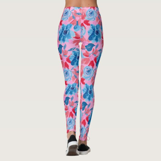 Lebhafte, handbemalte Blume Design Red Blue Leggings (Rückseite)