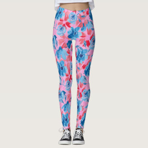 Lebhafte, handbemalte Blume Design Red Blue Leggings