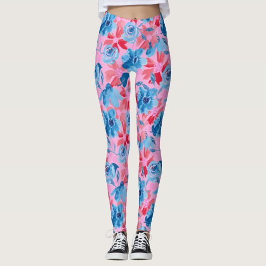 Lebhafte, handbemalte Blume Design Red Blue Leggings (Vorderseite)
