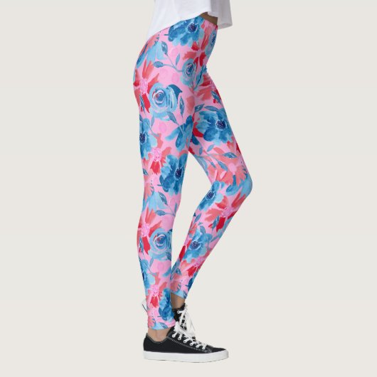 Lebhafte, handbemalte Blume Design Red Blue Leggings (Rechts)