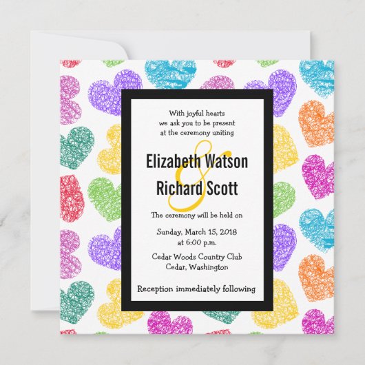 Lebhafte handgezeichnete Herzen Hochzeit Einladung (Vorderseite)