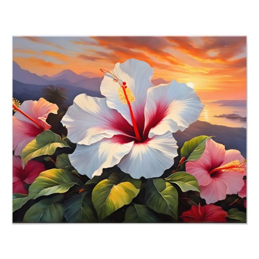 Lebhafte hawaiianische Hibiskus-Blume bei Sunset Fotodruck (Vorne)