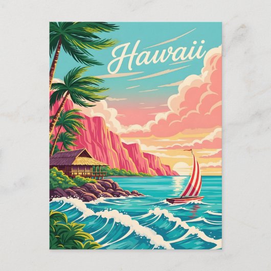Lebhafte hawaiianische Küstenlandschaft mit Palmen Feiertagspostkarte (Vorderseite)