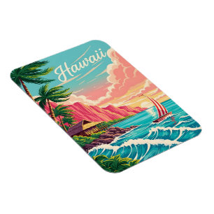 Lebhafte hawaiianische Küstenlandschaft mit Palmen Magnet