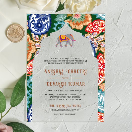 Lebhafte Hochzeit der indischen Volkskunst Acryleinladungen