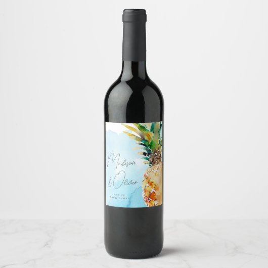 Lebhafte Hochzeit mit tropischen Ananas Weinetikett (Vorderseite)