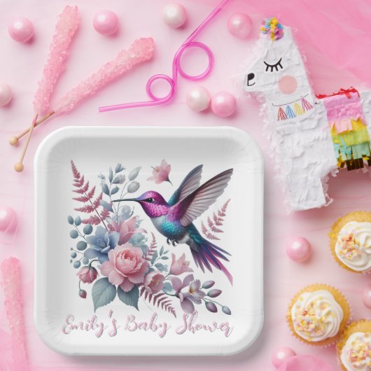 Lebhafte Hummingbird und rosa Blütendusche Pappteller (Party)