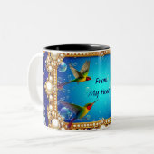 Lebhafte Hummingvögel im Verzierten Rahmen mit Per Zweifarbige Tasse (Vorderseite Links)