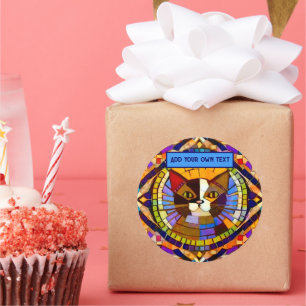 Lebhafte Katze in Mosaikfliesen - farbig - Text hi Runder Aufkleber