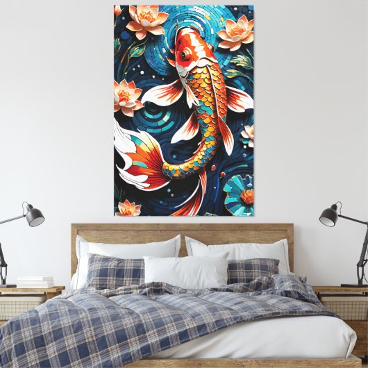 Lebhafte Koi und wunderschöne Blume Aquatic Scene Leinwanddruck (Insitu (Schlafzimmer))