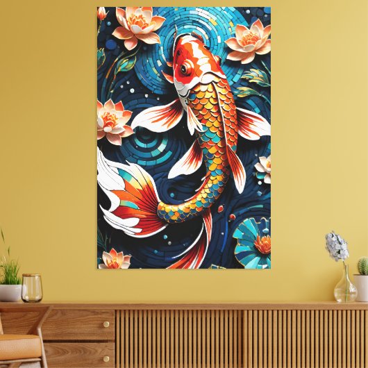 Lebhafte Koi und wunderschöne Blume Aquatic Scene Leinwanddruck (Insitu (Wohnzimmer))