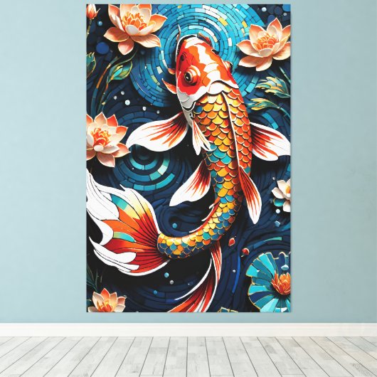 Lebhafte Koi und wunderschöne Blume Aquatic Scene Leinwanddruck (Insitu (Holzboden))