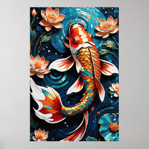 Lebhafte Koi und wunderschöne Blume Aquatic Scene Poster