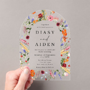 Lebhafte, kühne Wildblumen in Wasserfarbe Hochzeit Acryleinladungen