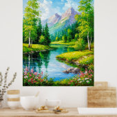 Lebhafte Landschaft mit Bergen, Flusslandschaft Poster (Küche)