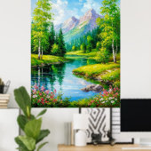 Lebhafte Landschaft mit Bergen, Flusslandschaft Poster (Heimbüro)
