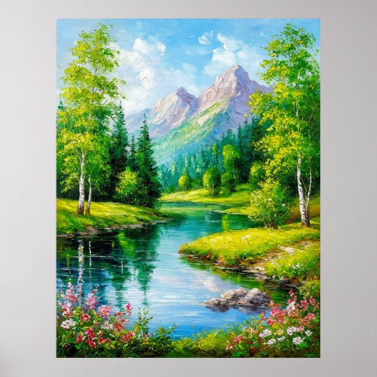 Lebhafte Landschaft mit Bergen, Flusslandschaft Poster (Vorne)