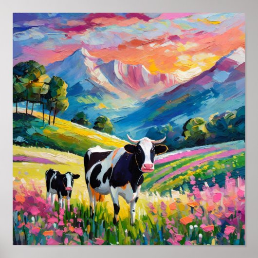 Lebhafte Landschaft mit Kühen Poster (Vorne)