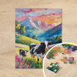 Lebhafte Landschaft mit Kühen Puzzle<br><div class="desc">Ein herzzerwärmendes, modernes impressionistisches Gemälde einer Mutterkuh und ihres Kalbes in einer ruhigen, ländlichen Alm, das durch helle, lebendige Farben und dicke abstrakte Pinselstriche zum Leben erweckt wird. Die dynamischen Striche festigen die friedliche Verbindung zwischen den Tieren, während die reichen Farbtöne Grün, Blau und Erden eine lebendige, pastorale Szene schaffen....</div>