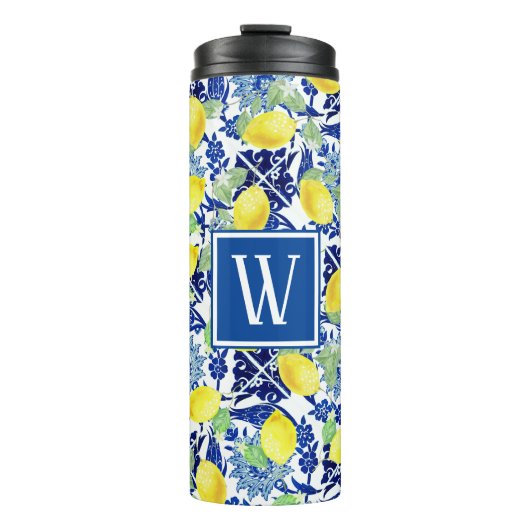Lebhafte Lemons und blaue Flora | Monogramm Thermosbecher (Vorderseite)