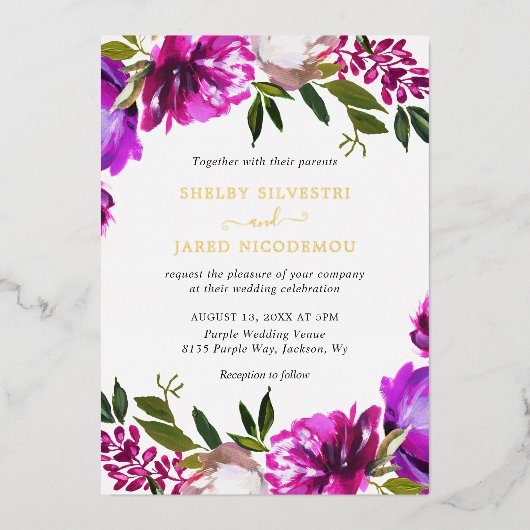 Lebhafte, Lila Blumenhochzeit Folieneinladung (Vorderseite)