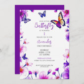 Lebhafte Lila Blumenschmetterlinge 1. Geburtstag Einladung (Vorne/Hinten)