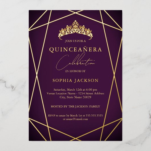 Lebhafte Lila Geometrische Gold Elegante Quinceane Folieneinladung (Vorderseite)