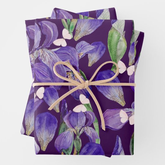 Lebhafte Lila Iris-Blume und Schmetterlinge Geschenkpapier Set (Beispiel)