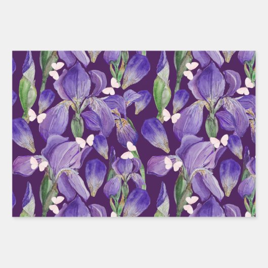 Lebhafte Lila Iris-Blume und Schmetterlinge Geschenkpapier Set (Vorderseite)