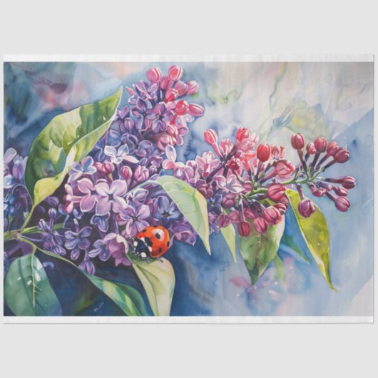 Lebhafte Lila Lilac-Blume Ladybug Decoupage Seidenpapier (Vorderseite)