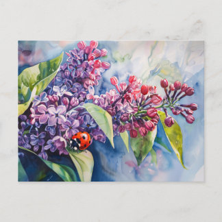 Lebhafte Lila Lilac-Blume Ladybug Postkarte