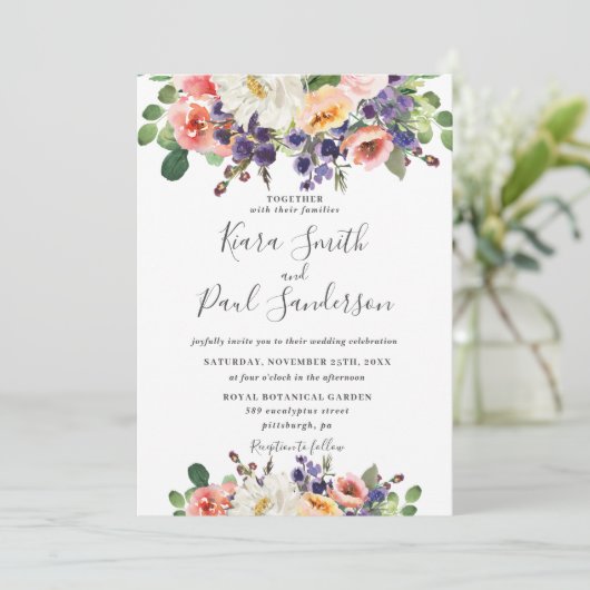 Lebhafte Lila Orangenpfirsichblüte Einladung (Stehend Vorderseite)