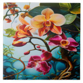 Lebhafte Lila Orchideen gegen bunten Hintergrund Fliese (Vorderseite)